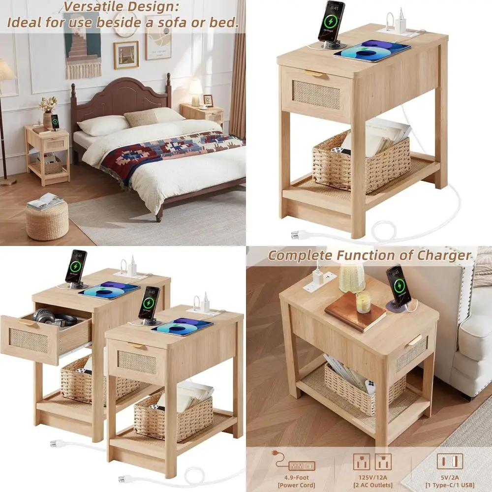 

Компактная зарядная станция-тумбочка, полка из ротанга в богемном стиле для небольших помещений, деревянная прикроватная тумбочка для спален и гостиных