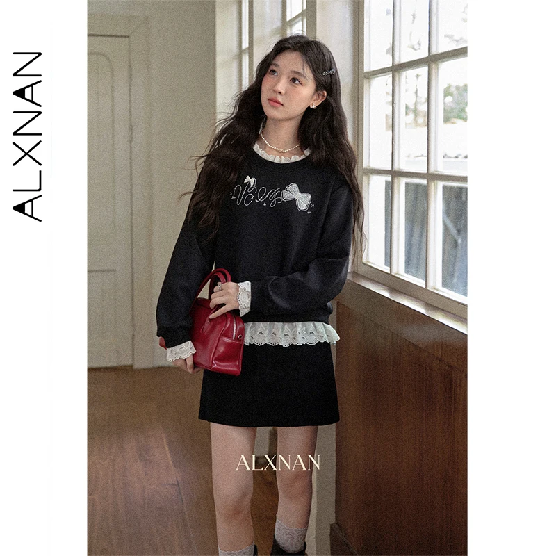 ALXNAN Women's Black Sweatshirt Round Neck Long Sleeve Hoodies Autumn Lace Stitching Bow Beading Design Loose-fit Top L569118