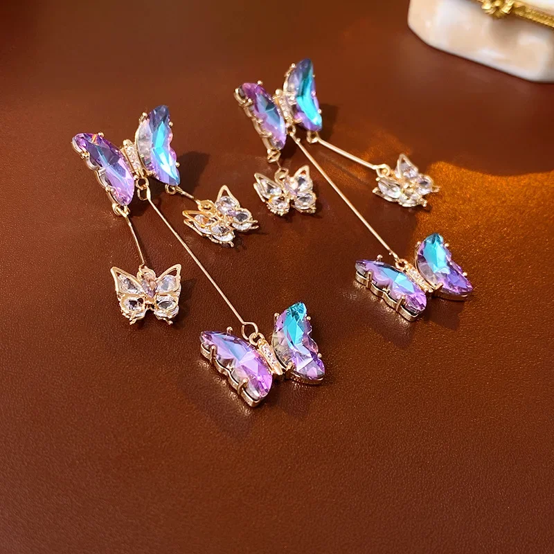 Pendientes de borla de mariposa de circón para mujer, pendientes de gota púrpura de temperamento de lujo, joyería de fiesta brillante, nueva moda