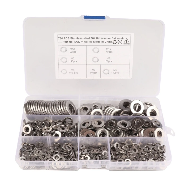 720Pcs 7 Sizes Stainless Steel Flat Washers Set Hardware Assortment Set 3/4/5/6/8/10/12 for Screw Bolt