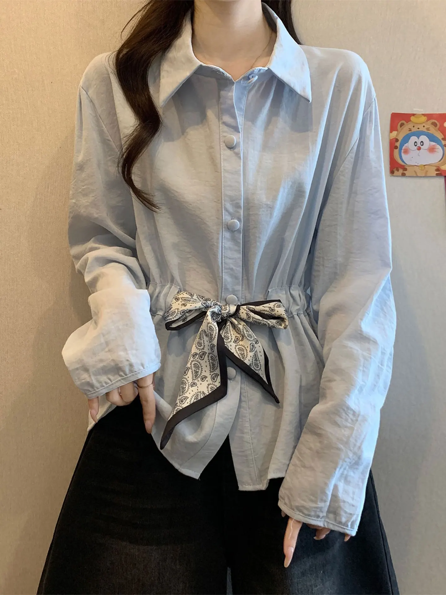 

Blue Long Sve irt Waist Cinching Belted Concealing Belly plus Size Women's Casual Sle Spring 2026 Faion Ladies' irt