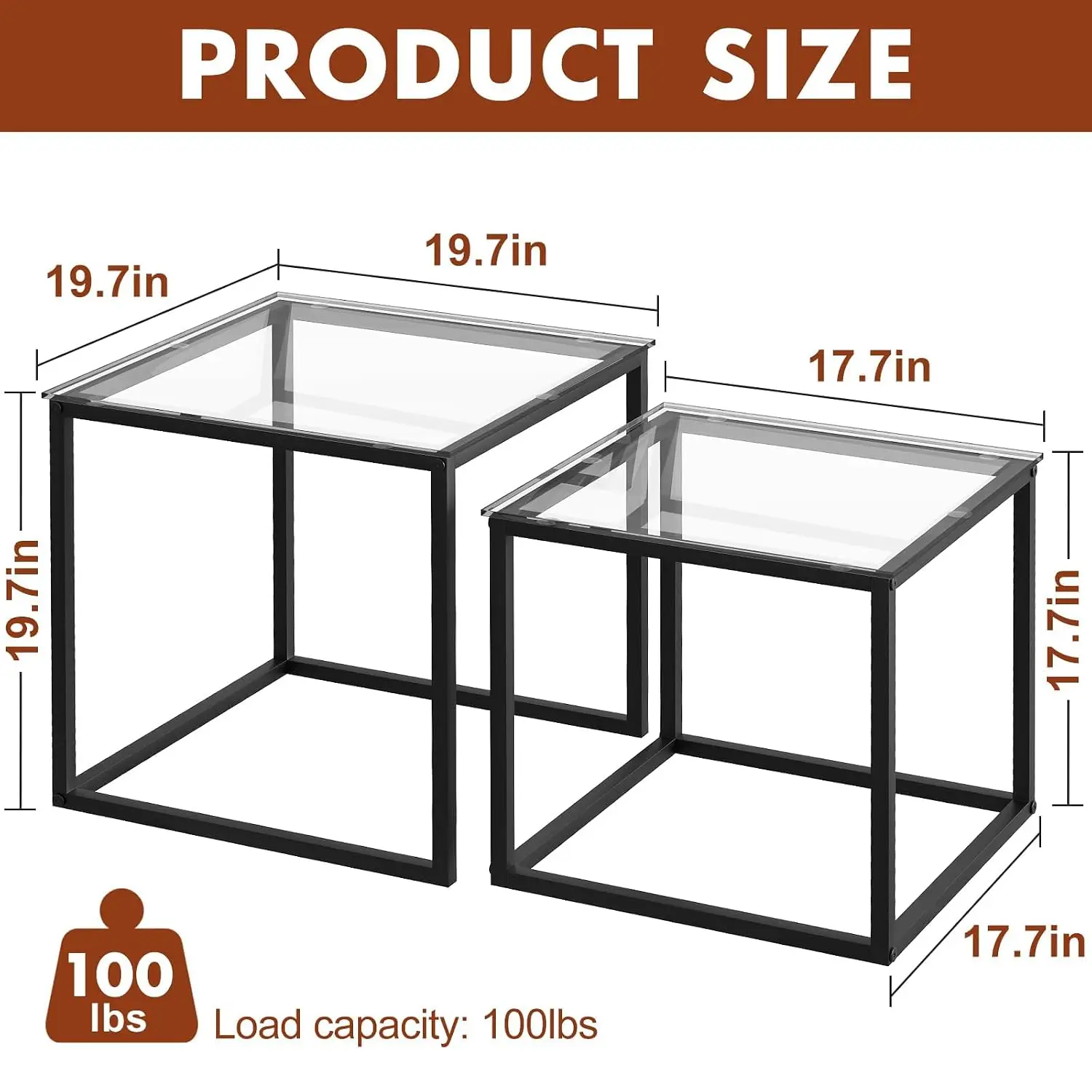 Glass Nesting Coffee Table Set 2 Metal Frame Square Side Table for Living Room Small Space 19.7in Black, Customized