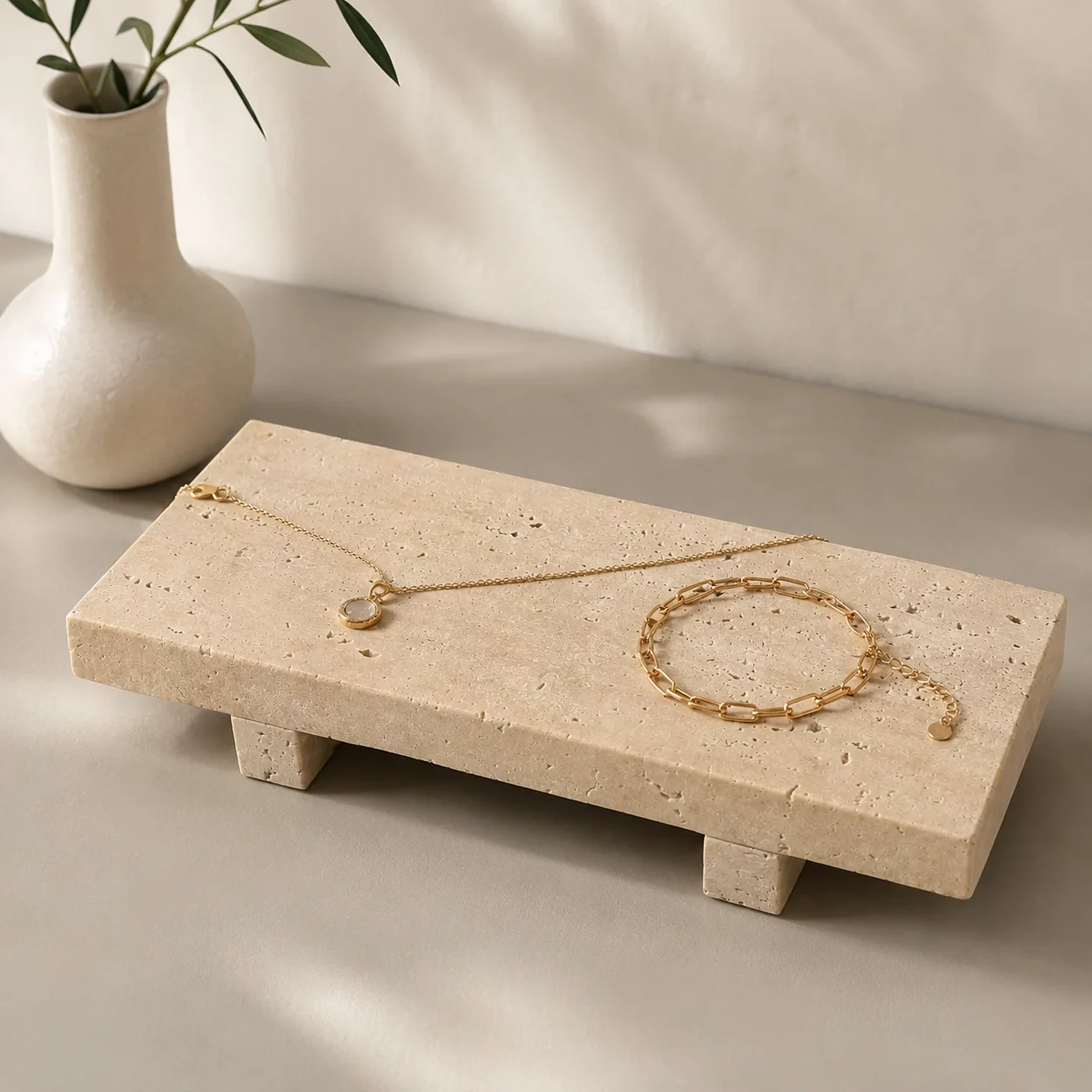 Natural Travertine Tray Pedestal Stand Soap & Jewelry Riser for Bathroom,Kitchen,Decorative Stone Catchall for Perfume, Candles - view 4