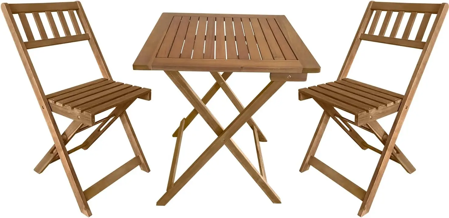 Natural acacia wood 3-piece folding patio bistro set with square table and two cushioned chairs, durable solid wood furniture for beach, pool, balcony, deck and backyard garden
