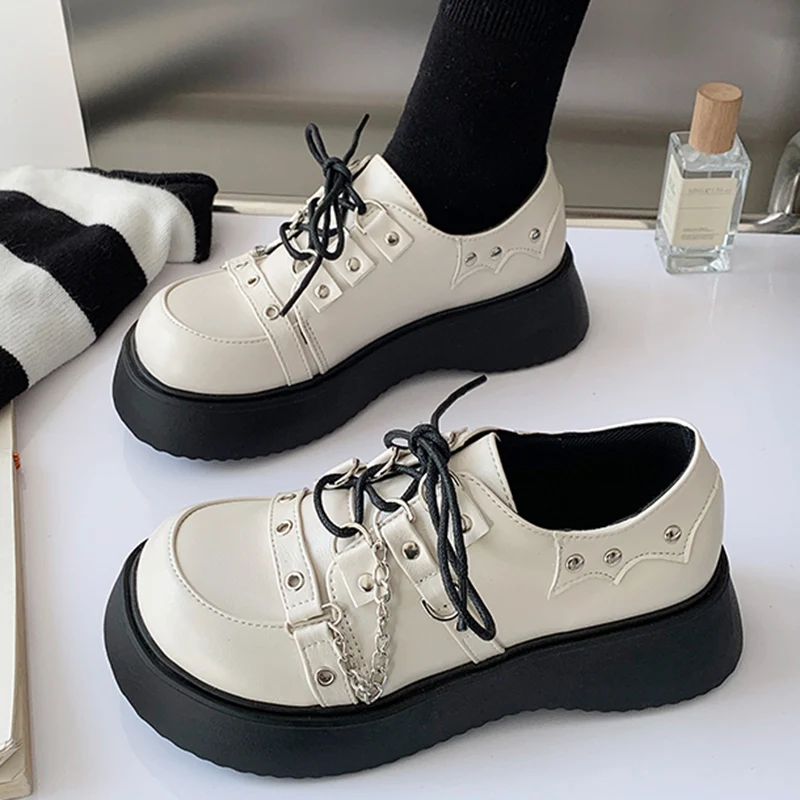 Women Punk Shoes Retro Rivets Chains Chunky Platform Oxford Shoes Leather School Uniform Jk Student Goth Lolita Shoe For Female