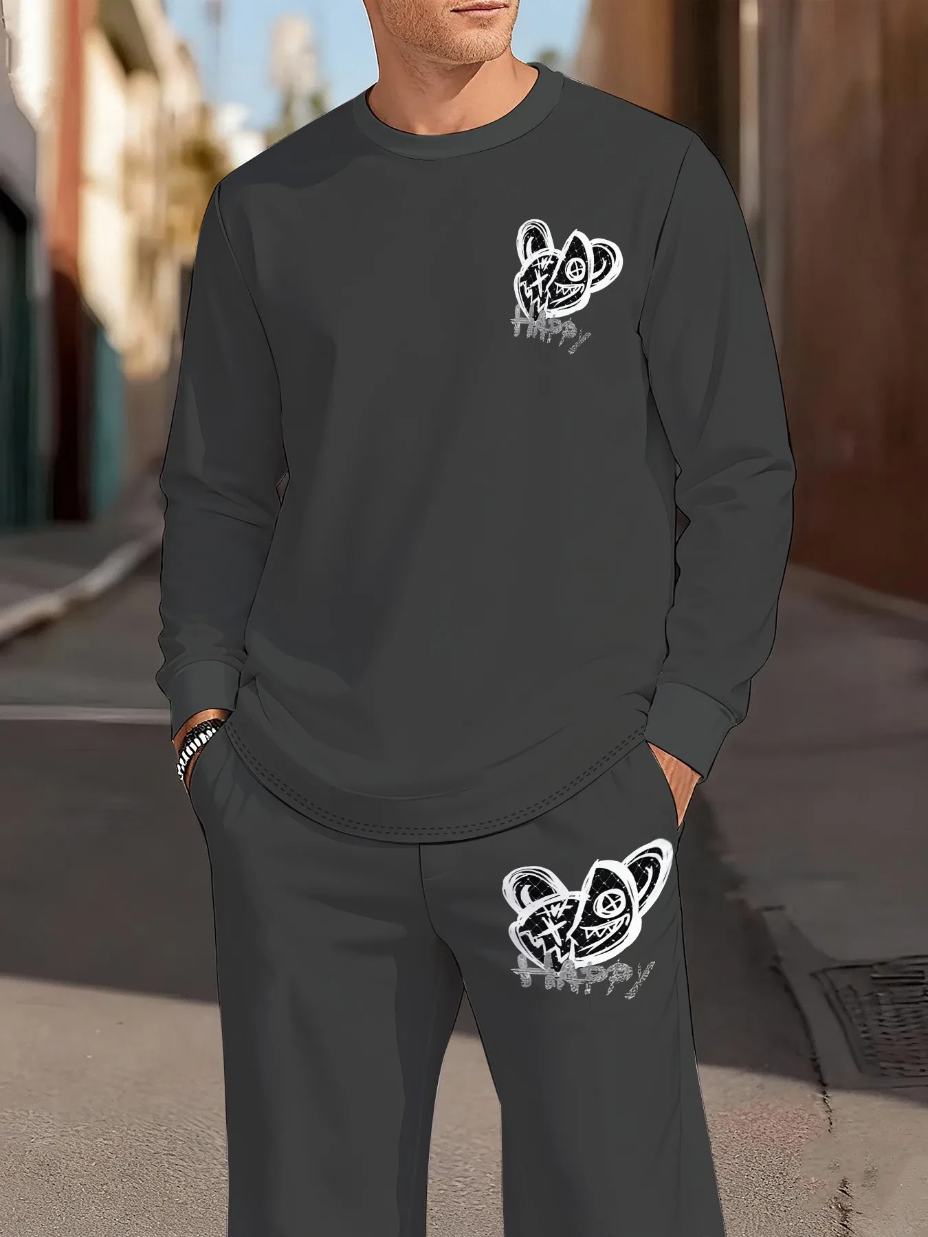 2026 Autumn/Winter New Style Simple Casual Fashion-Comfortable Soft 3D Bear Pattern Printed Men's Round-neck Sweatshirt Set