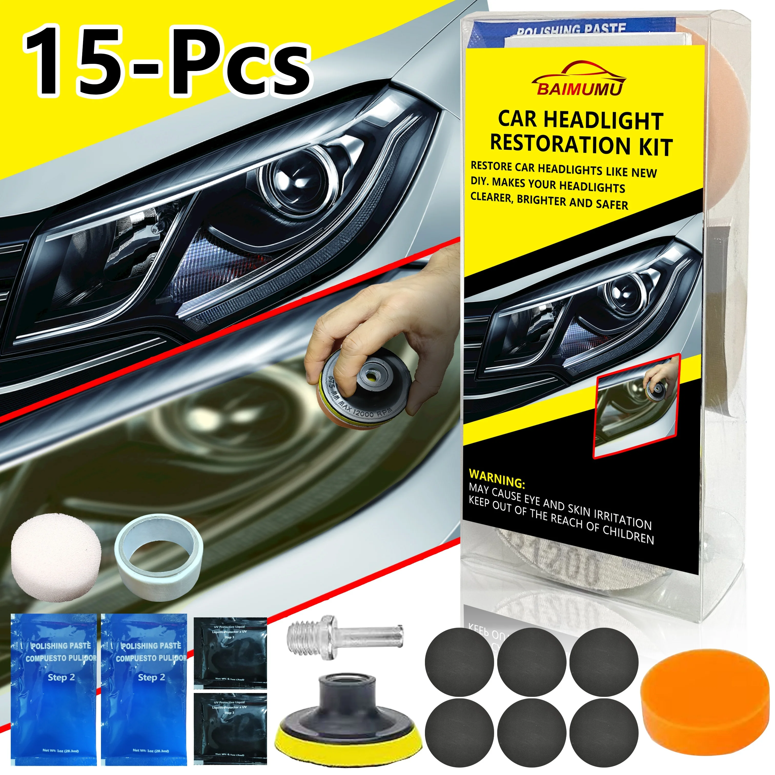 Car Headlight Restoration Kit - Polishing & Rubbing Compound with 15-Piece Cleaning Tools Set, Universal PE Material