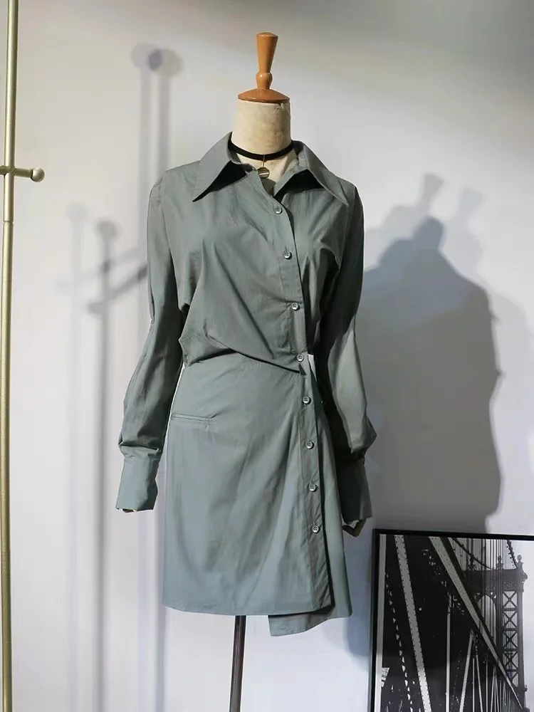 

army green Three-dimensional Pleated Design 2024 long sleeve shirt dress