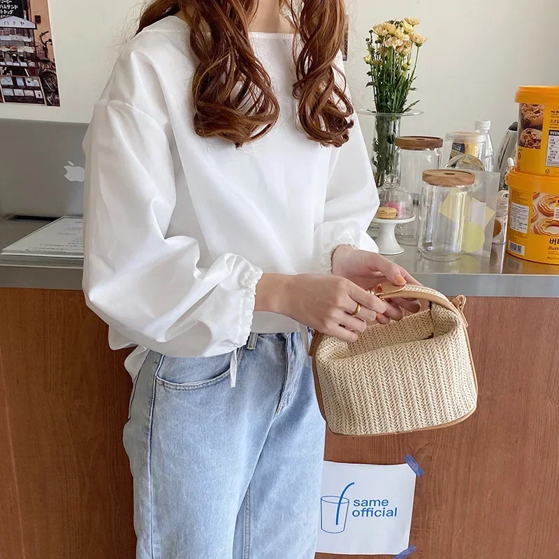 Summer Woven Bucket Bag Small Straw Handbags Large Capacity Trendy Single Shoulder Bag Adjustable Strap Girls Casual Tote Bag