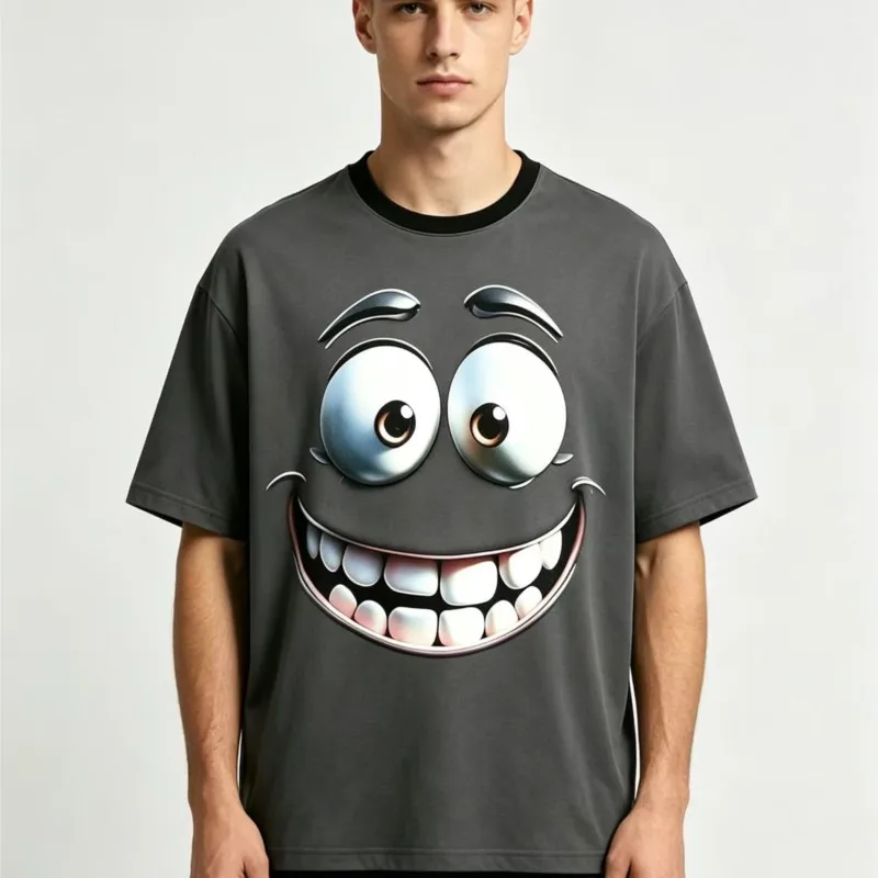 Fun cartoon big smiling face 3D printed T-shirt for men and women, oversized short sleeved daily casual summer pattern top