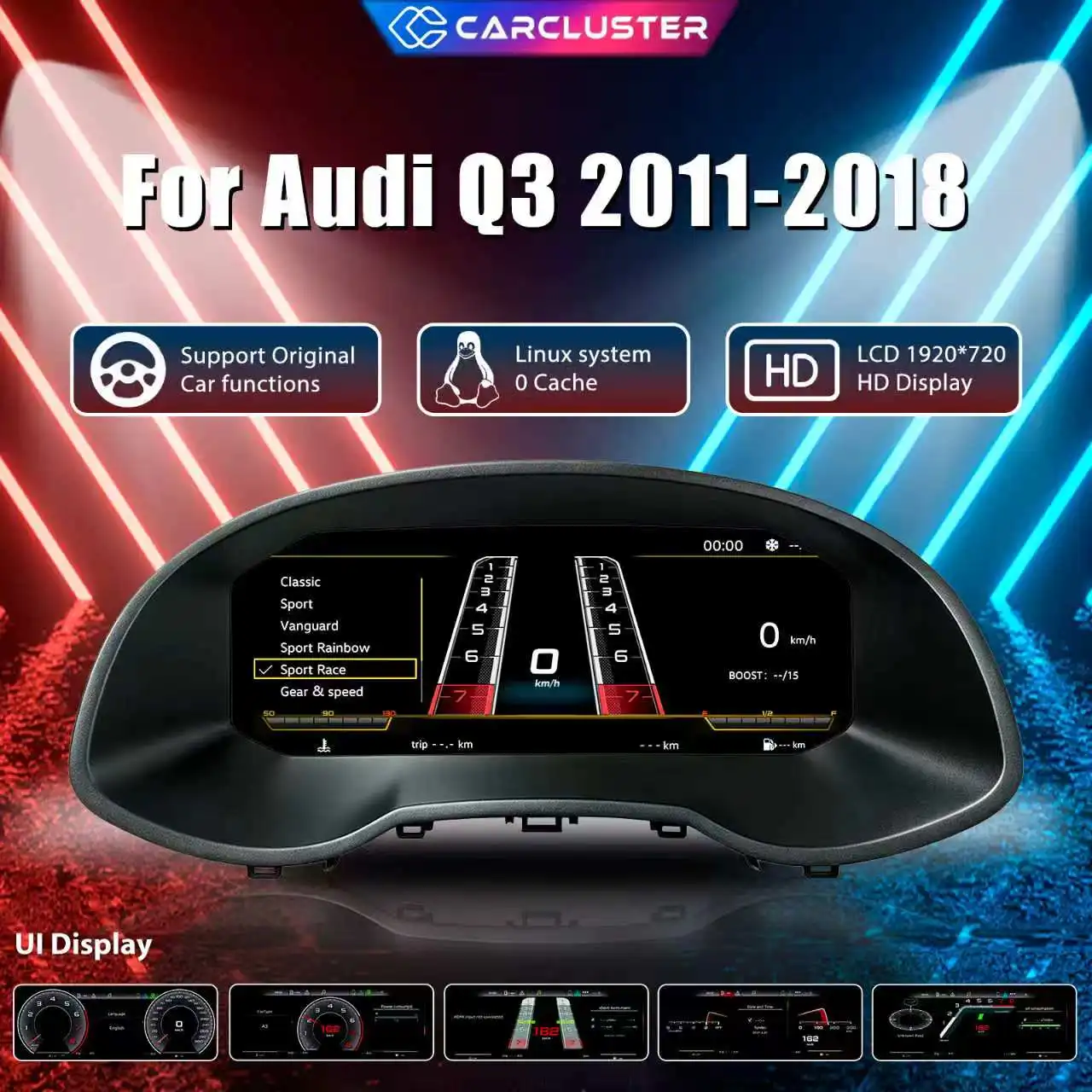 Carcluster 12,3'' LCD Digital-Kombiinstrument für Audi Q3 2011-2018, digitales Armaturenbrett mit HDMI-Unterstützung, Carplay, Radio, Armaturenbrett-Instrumententafel