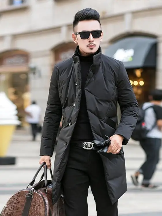 

Men's Mid-Length Thiened down Jaet Busin Casual Winter Warm Cotton Youth Bla Outerwear Stand Collar Long Sve