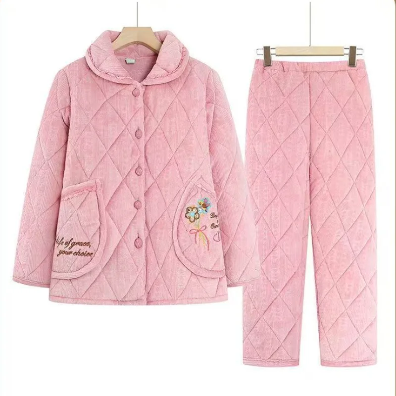 

Lady Winter Sleepwear 2Pcs Shirt&pants Warm Nitghtwear Casual Super Thick Home Wear Cotton Lapel Home Clothes Plus Size 3Xl