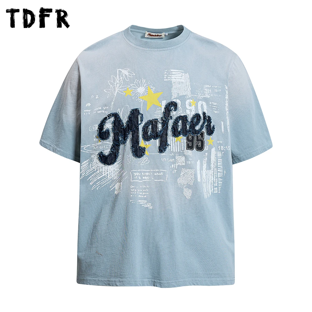 

Patch Letter Embroidery Short Sleeve T-shirt Mens Print Summer Retro Casual Loose Half-Sleeve Crew Neck Cotton Tee Man