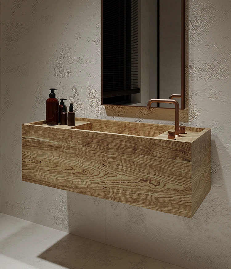 Medieval oak, elm, solid wood, rock slab, narrow edges, thin edges, extremely narrow deep sinks, washbasins, countertops