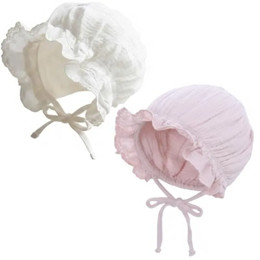 2 Pack Baby Bonnet Hat for Newborn Girls Boys Washed Cotton Lace Infant Bonnet Adjustable Ties Summer Baby Sun Hats