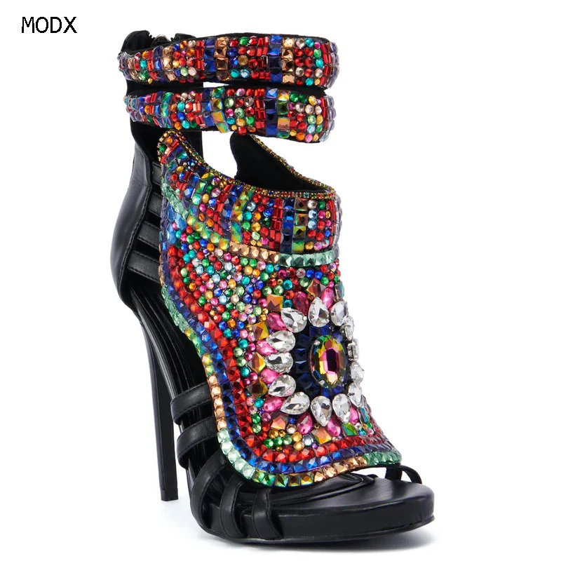 

2025 женские блестящие роскошные сандалии-гладиаторы с декором из кристаллов, модные летние туфли на высоком каблуке, свадебные банкетные туфли, Sandalias 44