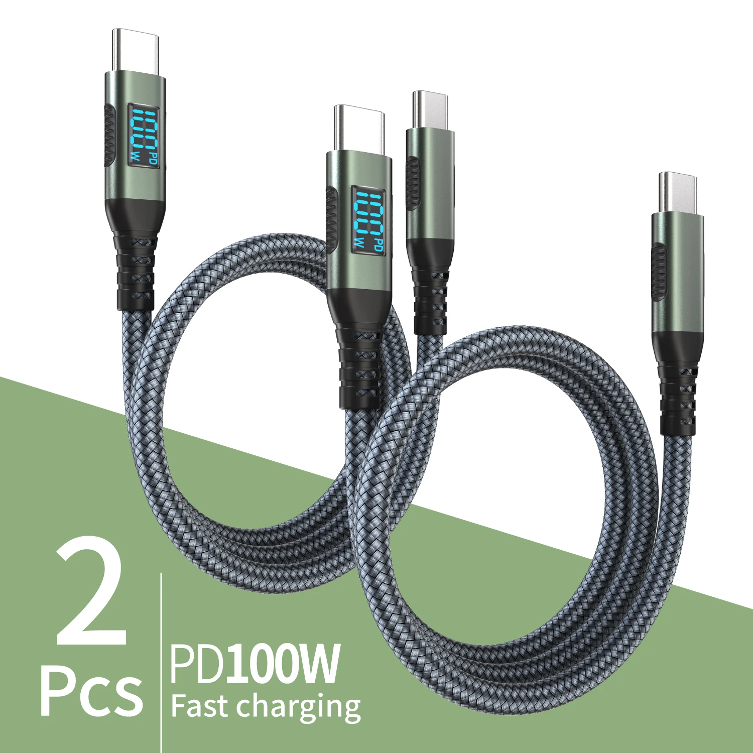 

2 шт. кабеля USB-C для быстрой зарядки 100 Вт с LED-дисплеем, 2 м, нейлоновая оплетка, для телефонов и планшетов с разъемом TYPE-C