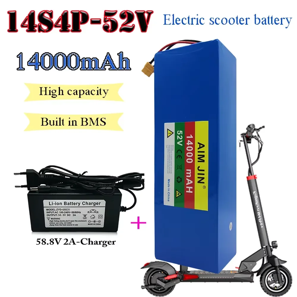 

High capacity 18650 Lithium Battery 52V 14S4P 14000mah 1500W with BMS for Balance Car, Bike, Scooter, Tricycle + 58.8V Charger