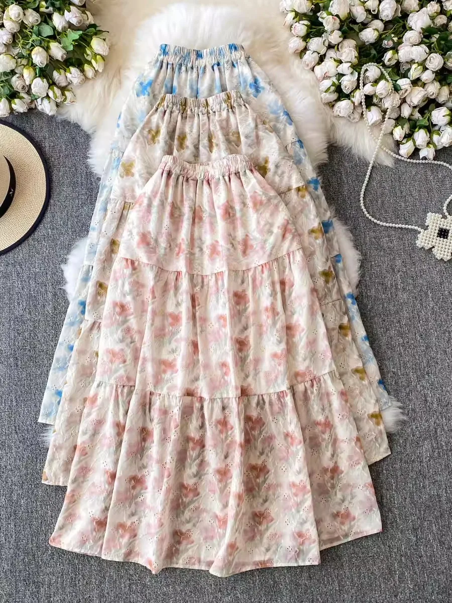 

Foamlina 2025 New Crochet Hollow Out Skirt Women Versatile Fairy Flower Print Casual High Waist Slimming Pleated Half Skirt