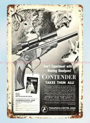 1977 THOMPSON CENTER ARMS CONTENDER firearm Pistol Handgun metal tin sign