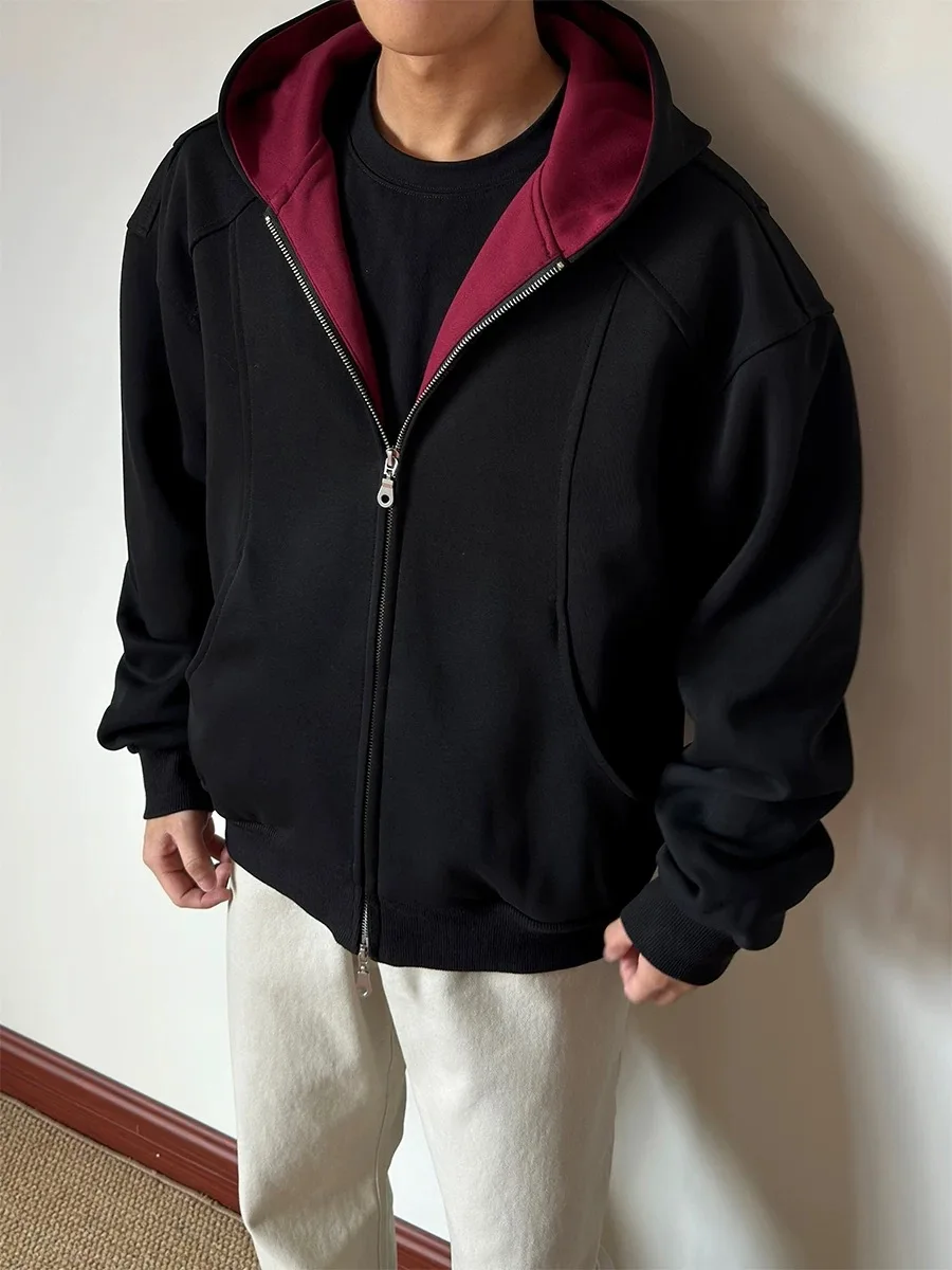 

American Decosition Hooded Zipper Jaet Men's Autumn Winter Loose Casual Color Blo ey Sweater Open Cardigan