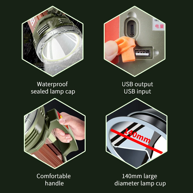 Strong Light 200W LED Waterproof Focus Rechargeable Portable Searchlight