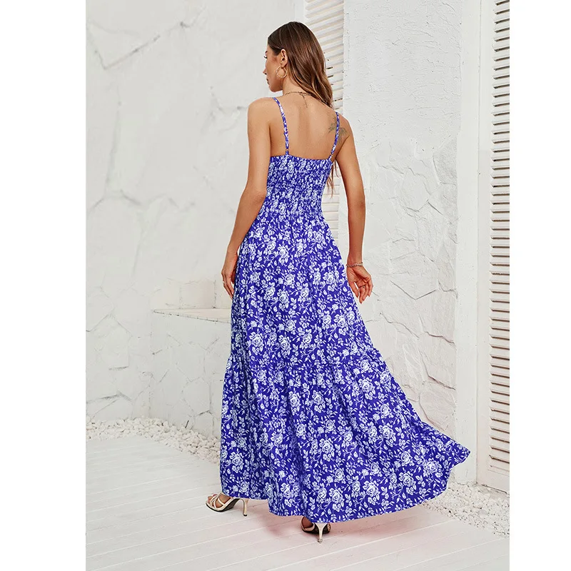 Woman Fashion Blue Green Floral Printed Long Camisole Top Dress with Thin Straps V-neck Lace Embroidered Sides Slits A-line