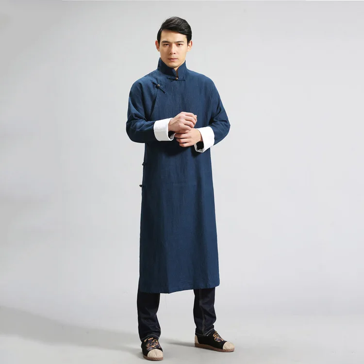 Mens Linen Jacket Black Long Coat Male Hanfu Chinese Robe Streetwear Thin Tang Suit KungFu Uniform Suit Tai Chi Robe Brass Buckl