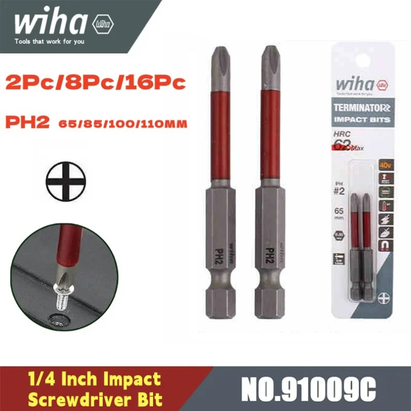 

WIHA 2Pcs Impact Screwdriver Bits Set High Torque HRC 62 PH2 Bits 65/85/100/110mm Phillips Screw Driver Head NO.91001C Series