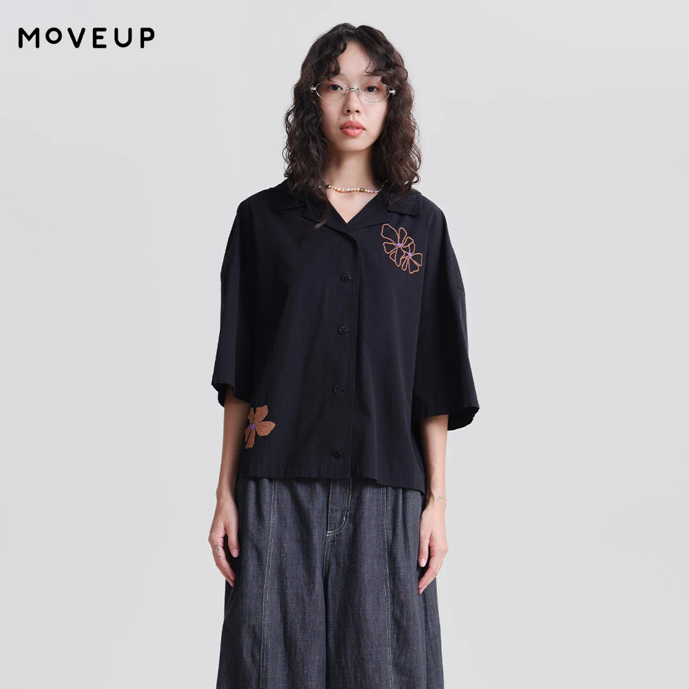 

MOVEUP Hooded Short-Sleeve Shirt Spring 2026 Pure Cotton Floral Embroidered Top Button Up Dropped Sleeve Casual Shirts 3ELC20403