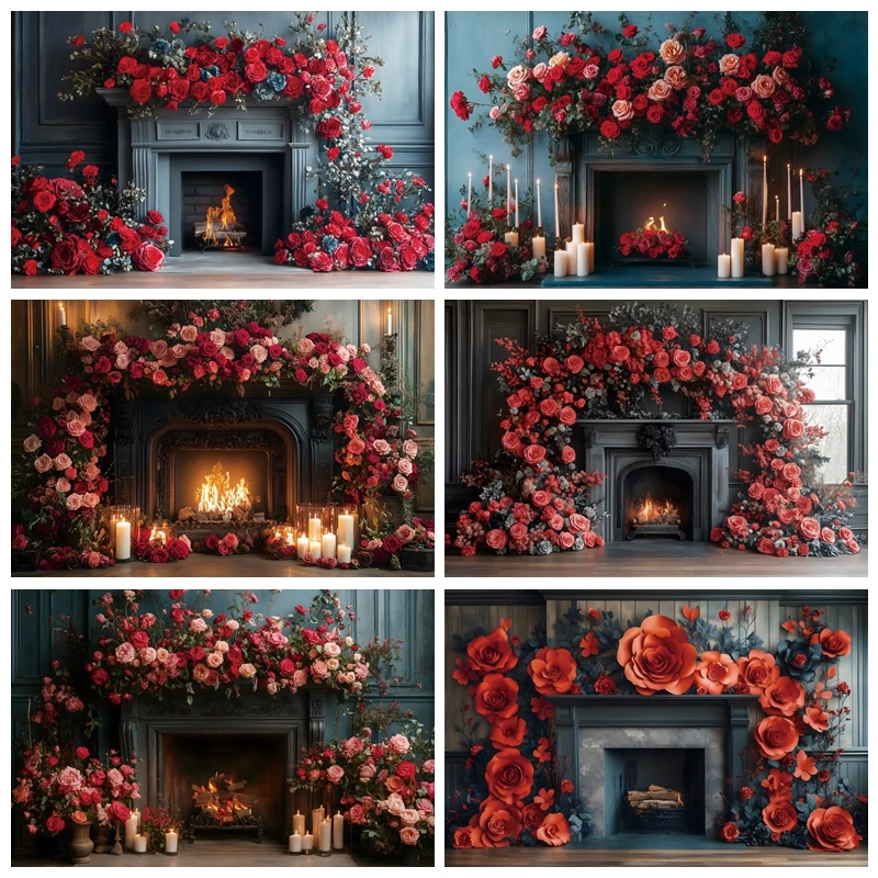 February 14 Valentine's Day Fireplace Rose Flowers Backdrop Photography Party Background Couple Photo Photohraphic Studio Shoots