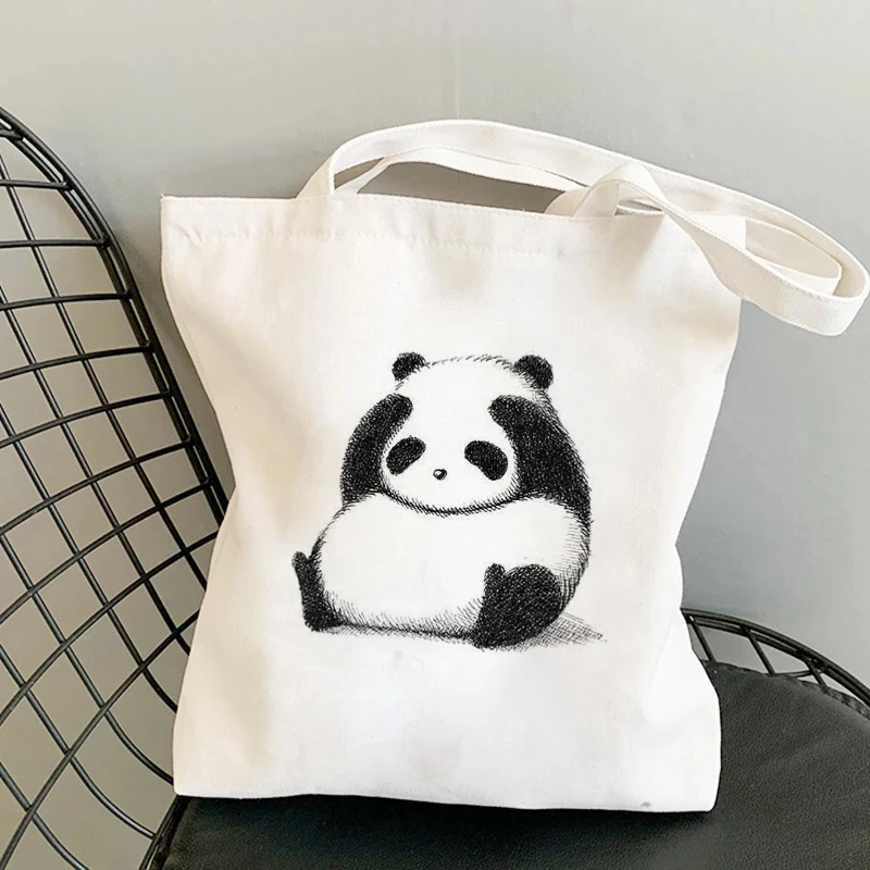 Bolso de mano informal con estampado de Panda para mujer, bolsa de mano de lona blanca de gran capacidad, a la moda, novedad