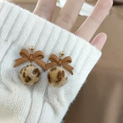 Korean Winter Leopard Pom Pom Ball Earrings Clip on Temperament  Brown Bow Hair Ball  Clip Earrings No Piercing Earclips Women