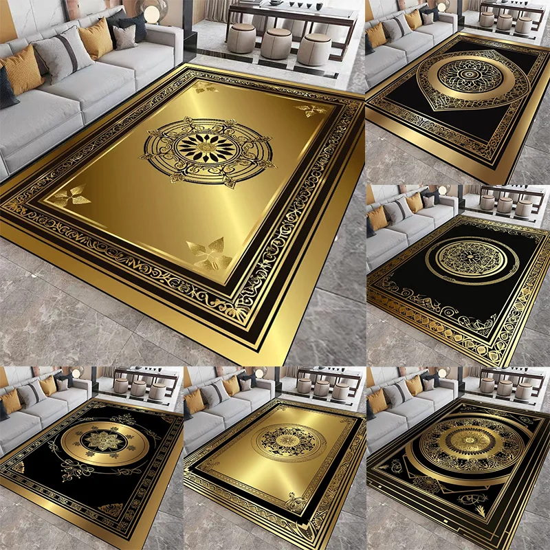 Luxury Gold Medallion Area Rug with Black Trim Traditional Persian Style Carpet Vintage Ornamental Home Decor Rug