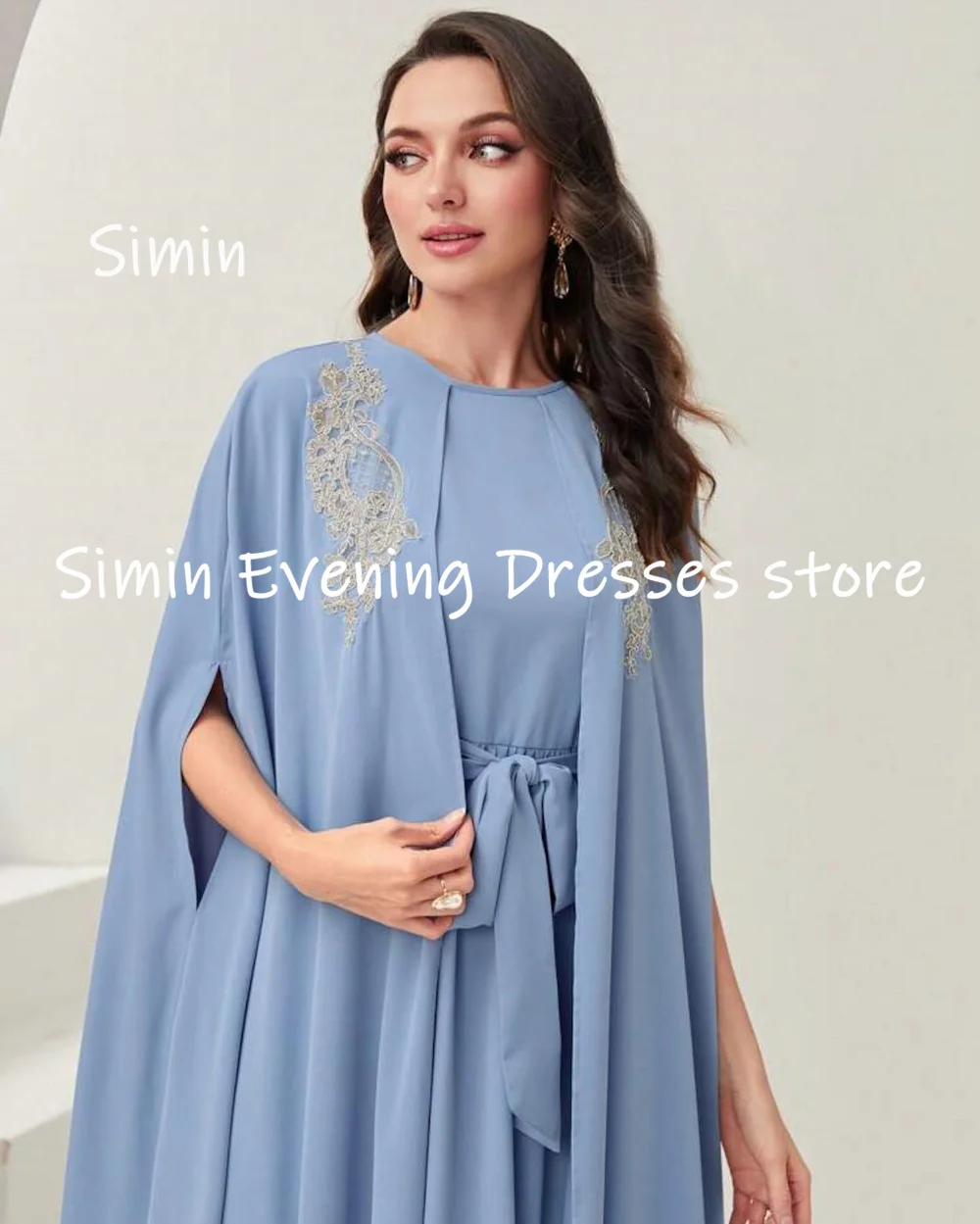 Simin-chiffon linha A colher decote vestido babado para mulheres, vestido de baile formal popular, até o tornozelo, vestidos de festa à noite, 2023