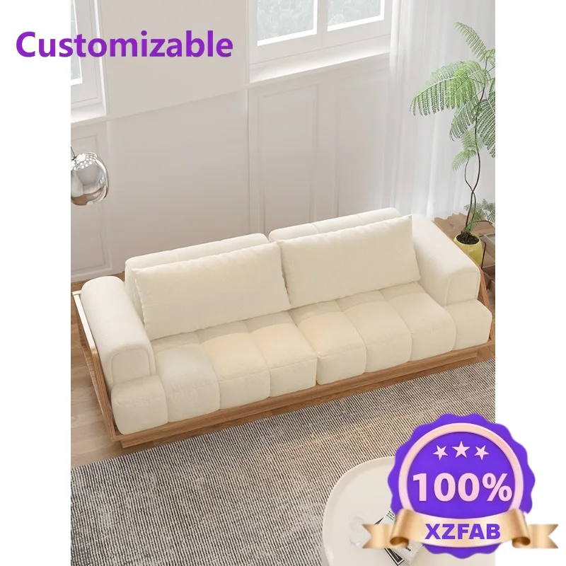 Factory Direct 2026 Cream style Nordic solid wood sofa fabric lamb wool marshmallow three-person living room size modern and sim