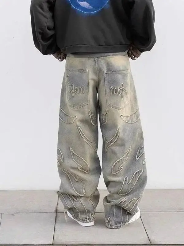 

Retro American Harajuku Street Style Bat Pattern Embroidered Loose Fit Casual Jeans Men's Fashion Pants Lazy Long Trousers