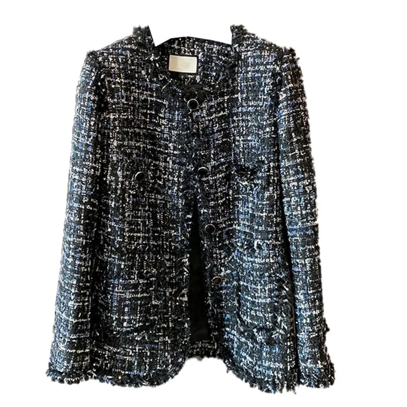 

Dark blue tweed coat Sequins flash fabr Medium-long one-piece Autumn/winter women's jacket New Small Fragrance ladies coat