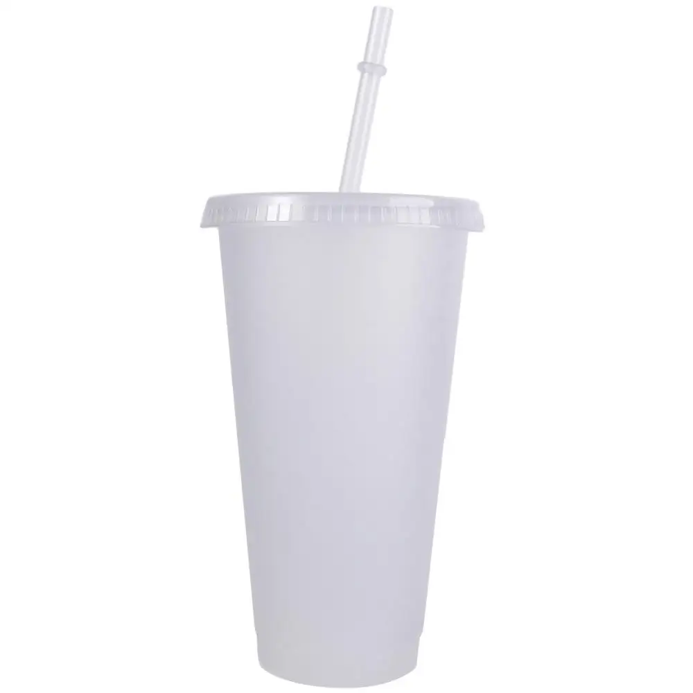 Reusable Food Grade PP Plastic Change Color Straw Mugs with Straw Matte Straw Cup with Lid 475ml/601-700ml Drinks Cup Coffee
