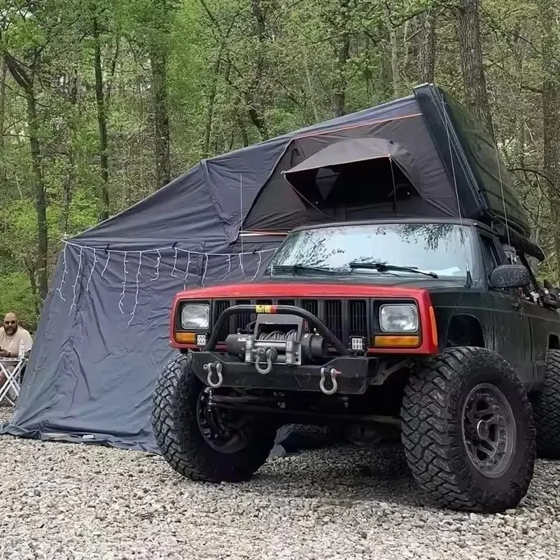 Waterproof Black Clamshell Canvas Roof Top Tent 2-3 Person Four-Season Hydraulic Quick Automatic Opening For 4x4 Off-Road