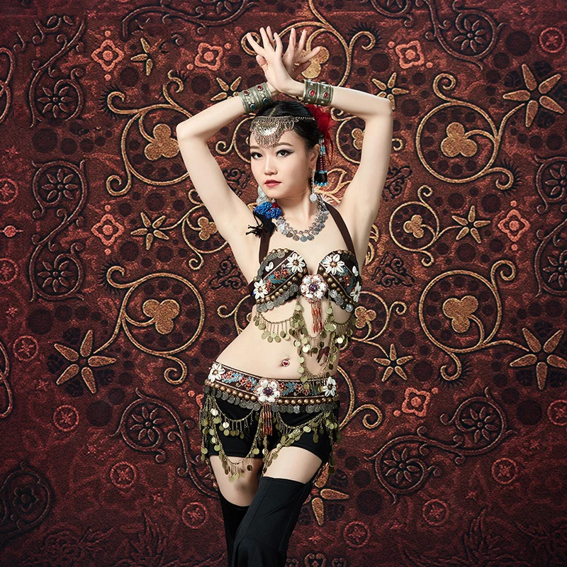 Tribal Belly Dance 2 Pieces Shells Bra and Belt Costume Set with Coins Shell Brass Chain Fringe Swags ATS