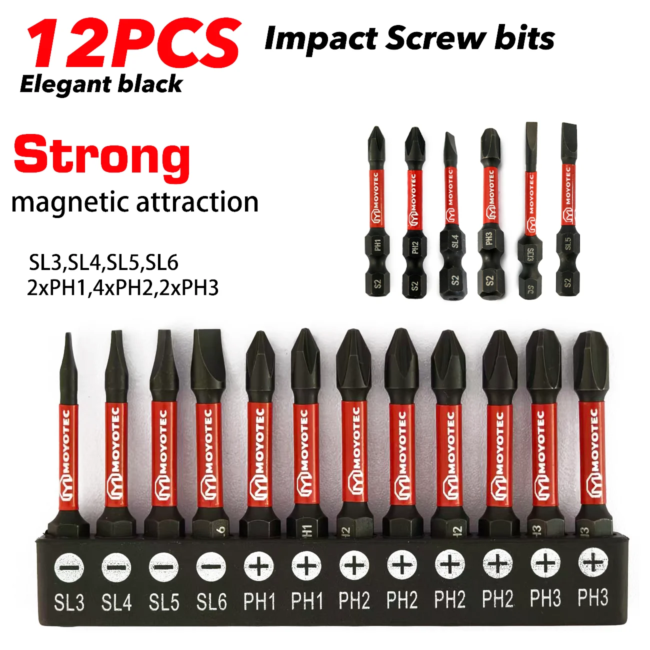 Titan Impact 12-Piece Strong Magnetic Bit Set, S2 Steel Impact-Resistant Phillips and Flathead Screwdriver Bits, Suitable for Electric Drills/Homemade DIY (Self-Repair and Crafts)/Mechanical Repairs/Electronic Device Installation/Furniture Assembly