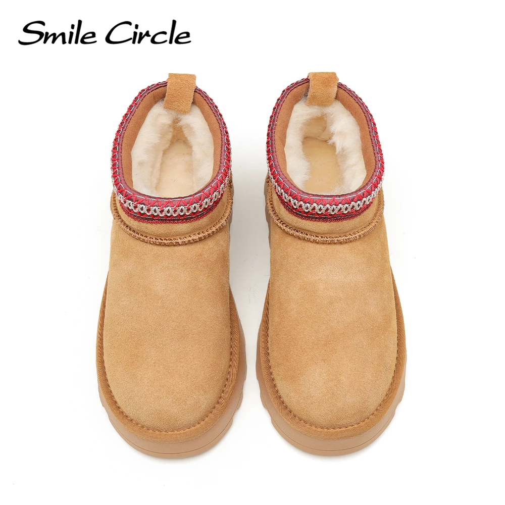 Smile Circle Tasman Mini Snow Boots Women Cow Suede Leather Warm Natural Wool Round Toe Winter Ankle Boots