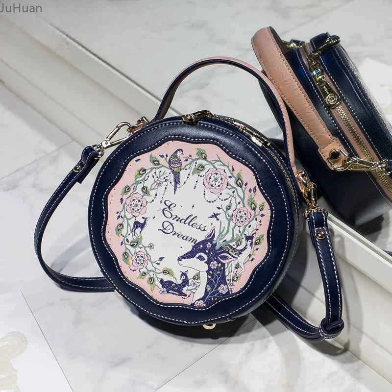 

2025 Summer New Retro Women's Bags Contrasting Colors Deer Print Flower Small Round Bag Lolita Shoulder Bag Ladies Hand Bags