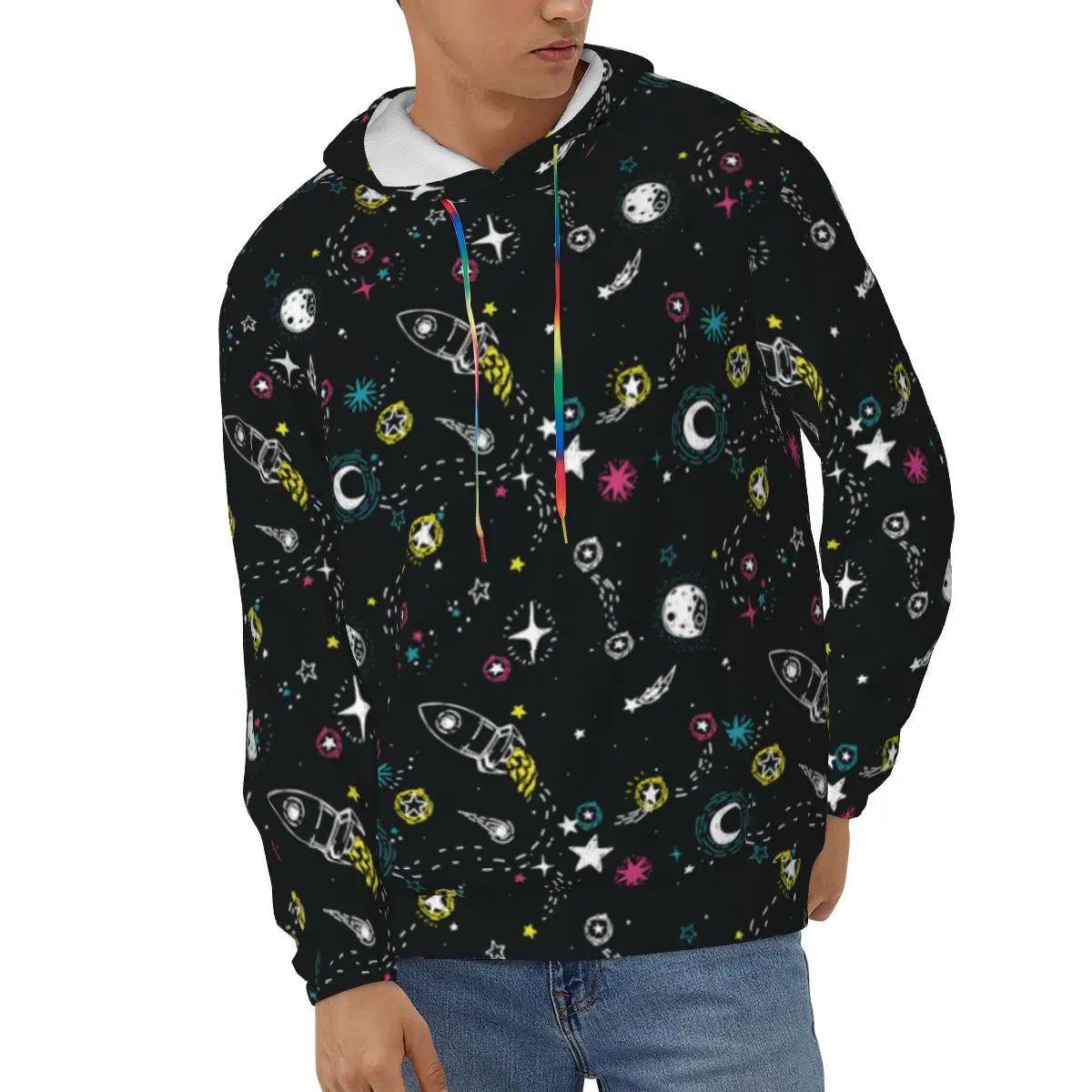 

Men Hoodie Autumn Winter Casual Hoodies Stars Rockets Comets And Planets Male Pullover Sweatshirt Streetwear