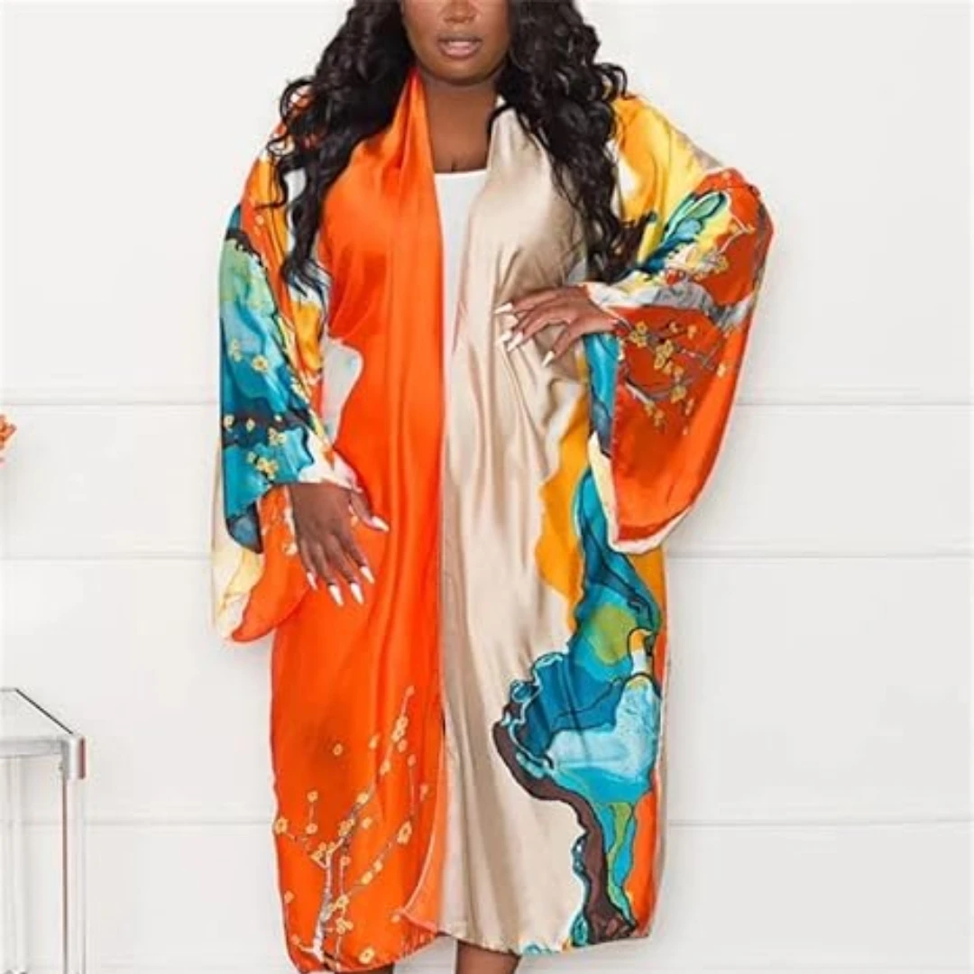 

Summer Cardigan For Women Lightweight Satin Open Front Long Kimono Swimsuit Cover Ups Silk Robe Plus Size