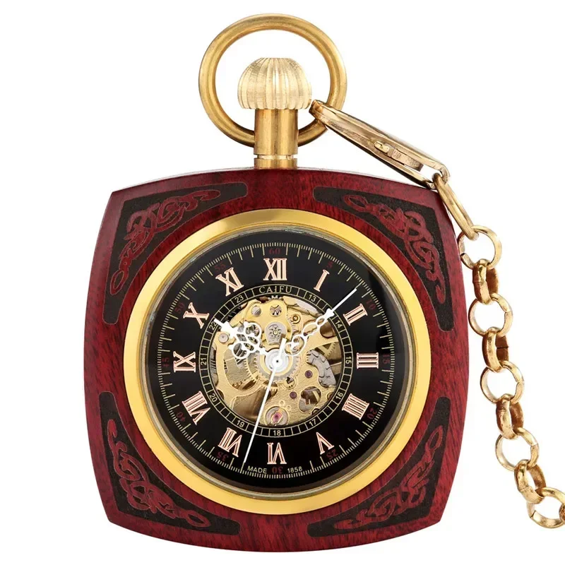 Classical Square Case Red Sandalwood Automatic Mechanical Pocket Watch for Mens Womens Open Face Roman Number Clock with Chain