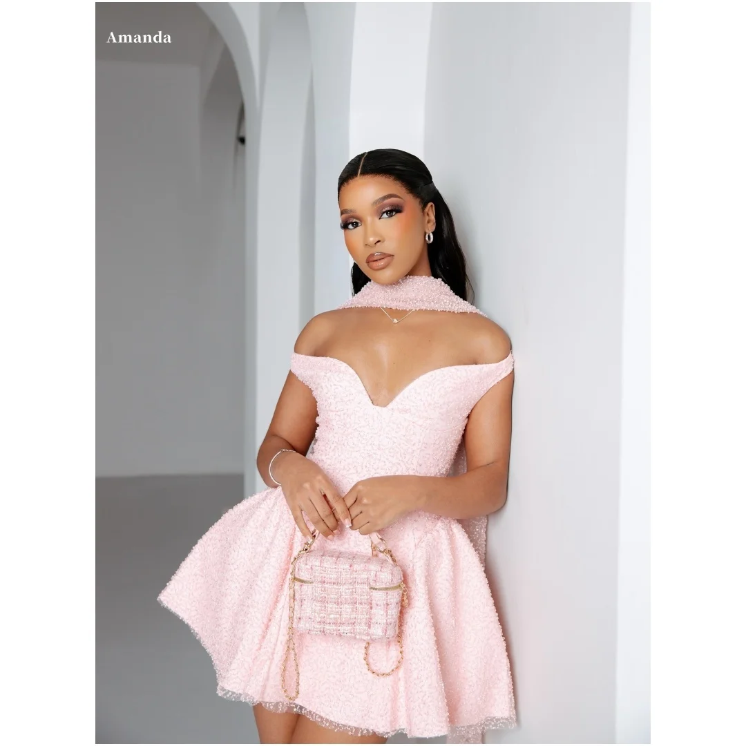 

Amanda Customized Pink Beading Halter Neck Off The Shoulder Prom Dress Strapless vestidos de noche Mini Skirt Formal Evening