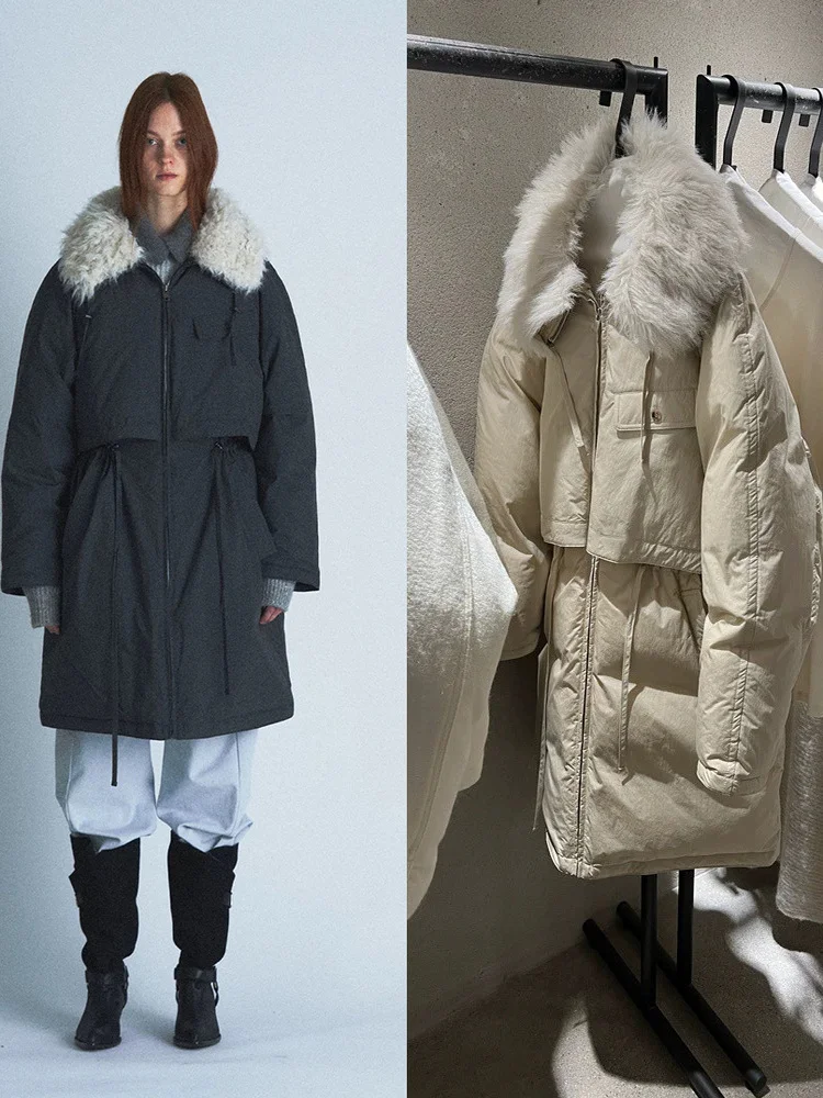 

Зимняя женская куртка-пуховик Veso 2025 с большим меховым воротником и поясом на шнурке для приталенного кроя в корейском стиле (утепленная утиным пухом)